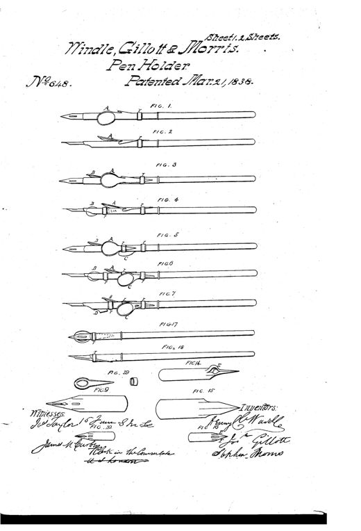 Patent drawing sheet showing several dip pens fitted with adjustable elastic finger and thumb plates (A, B, C) held by sliding rings, alongside enlarged views of nib blanks with thickened points and arched slits, a channel-style ink feeder, and a hand gripping a plated pen holder; a second sheet shows a mechanical stamping apparatus (Fig. 11) used to form the nib blanks and detail views of the upper and lower dies.