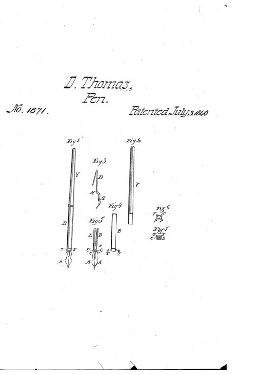 A technical patent drawing showing an assembled steel dip pen with a pointed nib and wooden handle, alongside separate detail views of the two-piece steel nib, the tubular holder with set screws, and cross-sections showing internal pivot mechanisms.