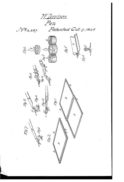 Patent drawing sheet showing a hinged rectangular writing-guide frame with glass panel, a spherical sponge holder, a cylindrical roller drier, and several quill and metallic fountain pens with folded sheath plates and nibs.