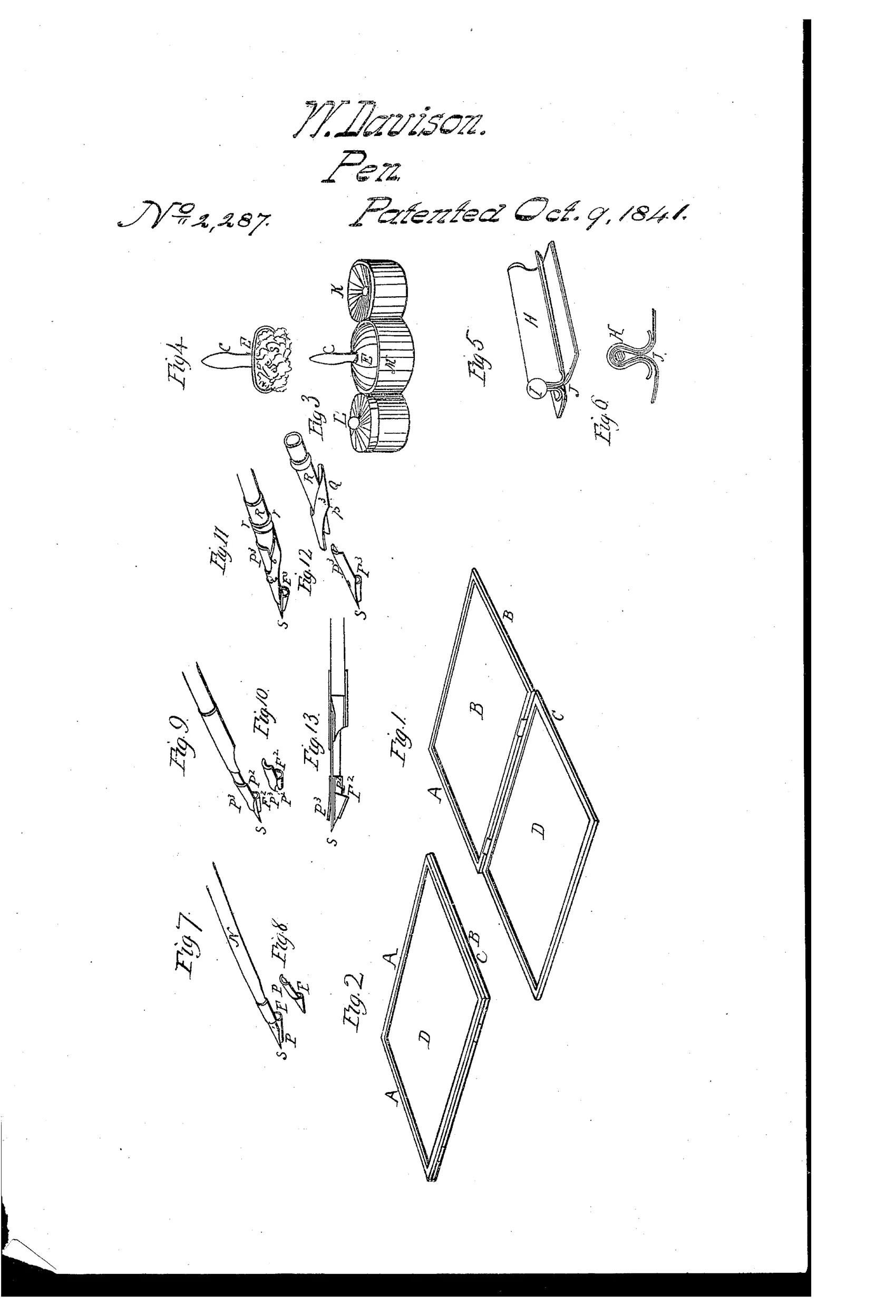 Patent drawing sheet showing a hinged rectangular writing-guide frame with glass panel, a spherical sponge holder, a cylindrical roller drier, and several quill and metallic fountain pens with folded sheath plates and nibs.