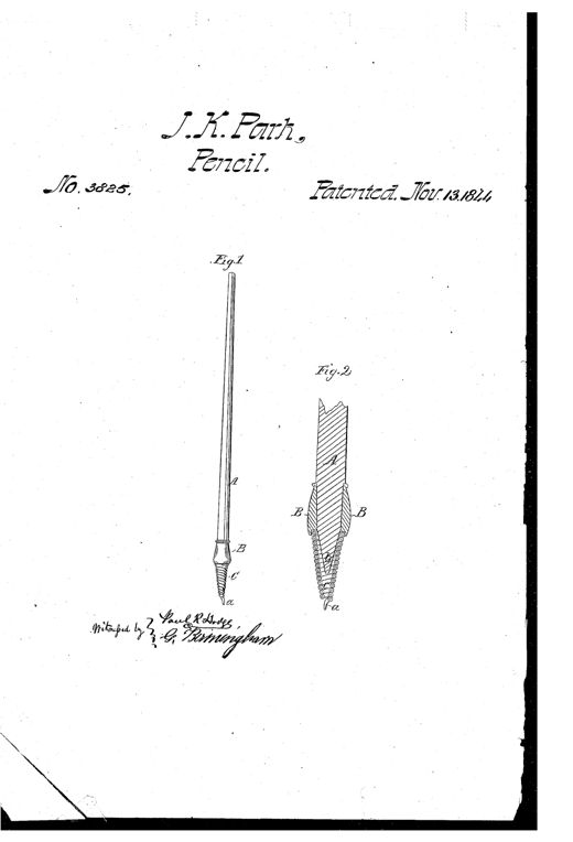 Line drawing of a slender tapering pen labeled Fig. 1, showing a long handle marked A, a ferrule marked B near the tip, and a coiled spiral wire cone marked C ending in a fine point a; beside it Fig. 2 shows a cutaway cross-section of the same tip revealing the internal check point b nested within the spiral wire cone.
