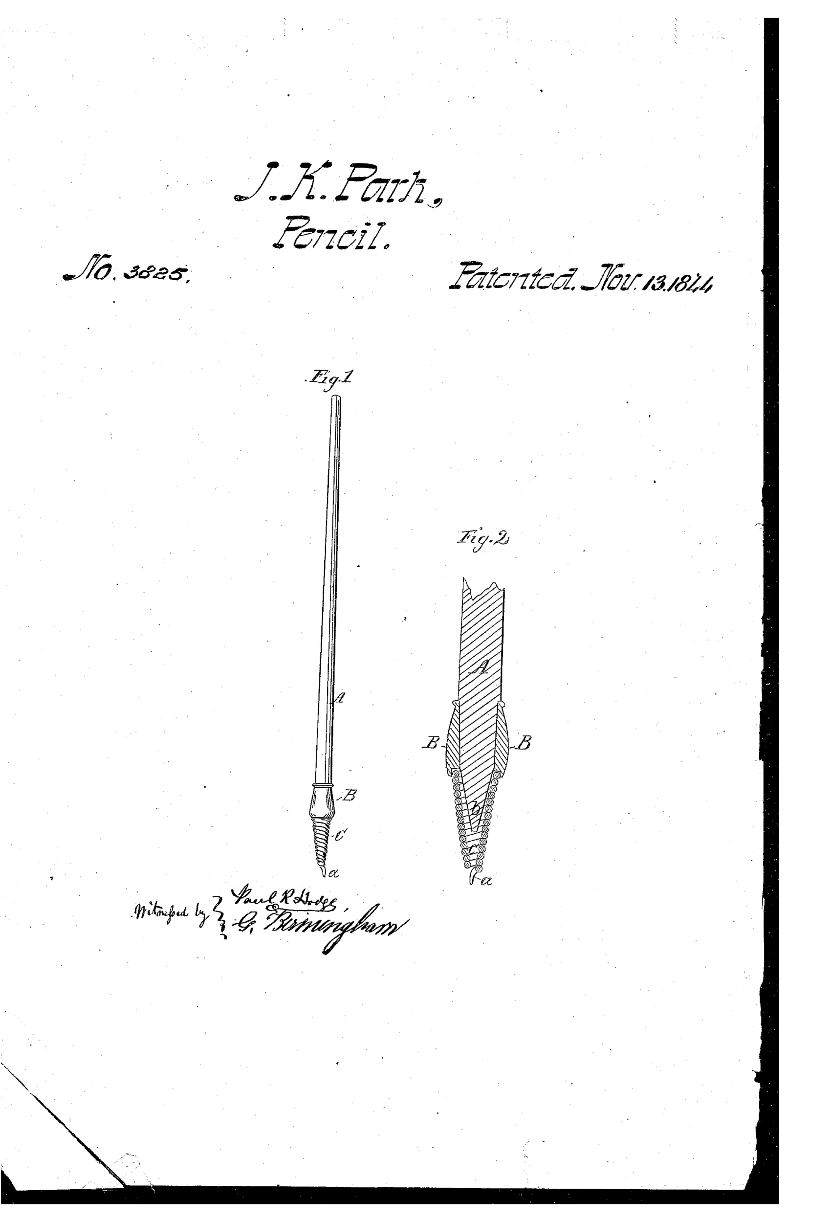 Line drawing of a slender tapering pen labeled Fig. 1, showing a long handle marked A, a ferrule marked B near the tip, and a coiled spiral wire cone marked C ending in a fine point a; beside it Fig. 2 shows a cutaway cross-section of the same tip revealing the internal check point b nested within the spiral wire cone.