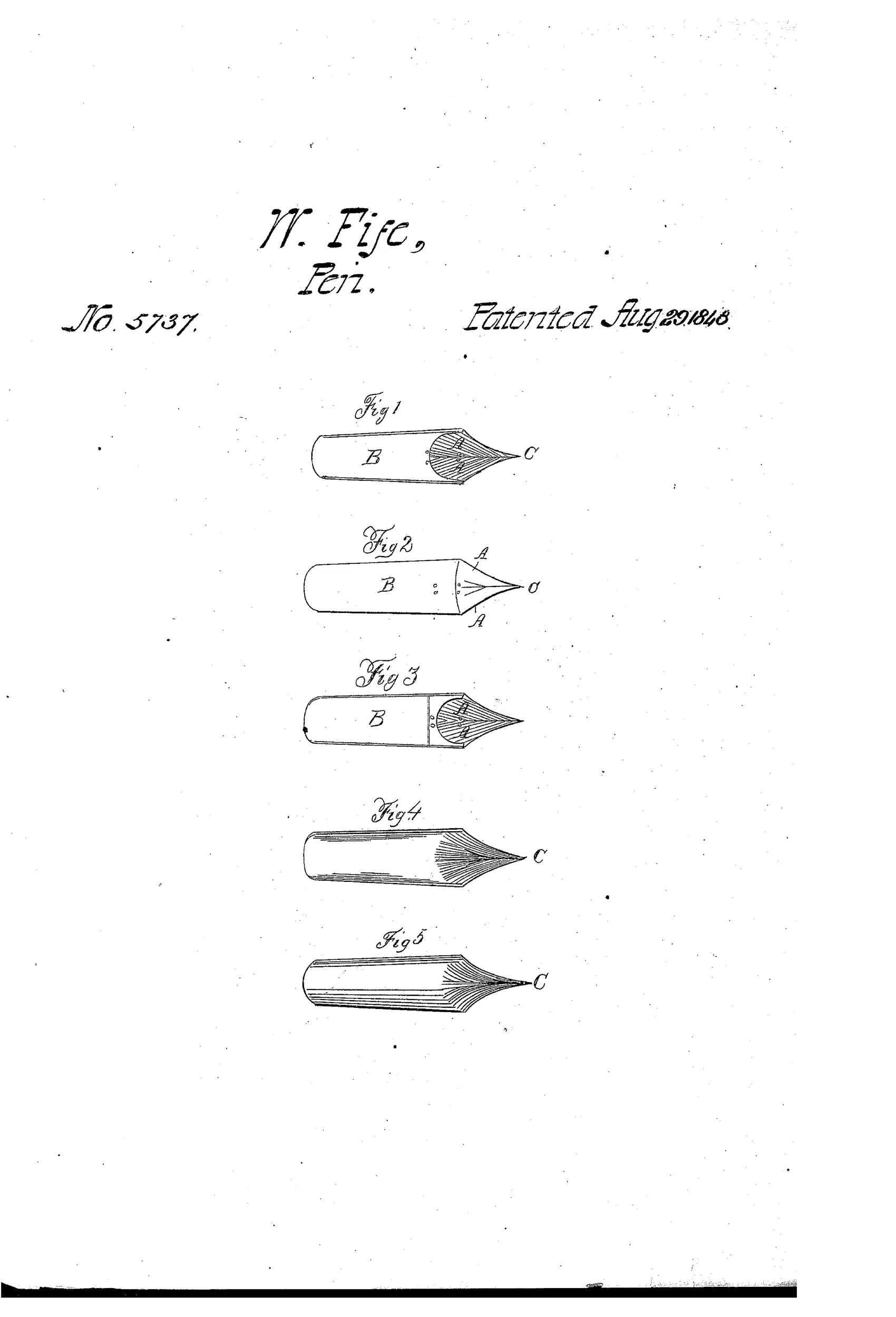 Technical patent drawing showing five magnified views of pen nibs, some assembled from separate pieces labeled A and B, with curved points marked C illustrating a rightward deflection near the tip.