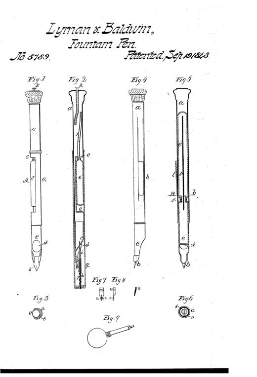 Line drawings of an 1848 fountain-pen holder showing an exterior view with cap and nib, an internal longitudinal cross-section revealing the india-rubber ink bag and cap-tube spring plug, a small cross-section of the bag recess, alternate cylindrical holder designs, close-up front and edge views of the quill nib with metal tip, and a separate india-rubber bulb ink pump.