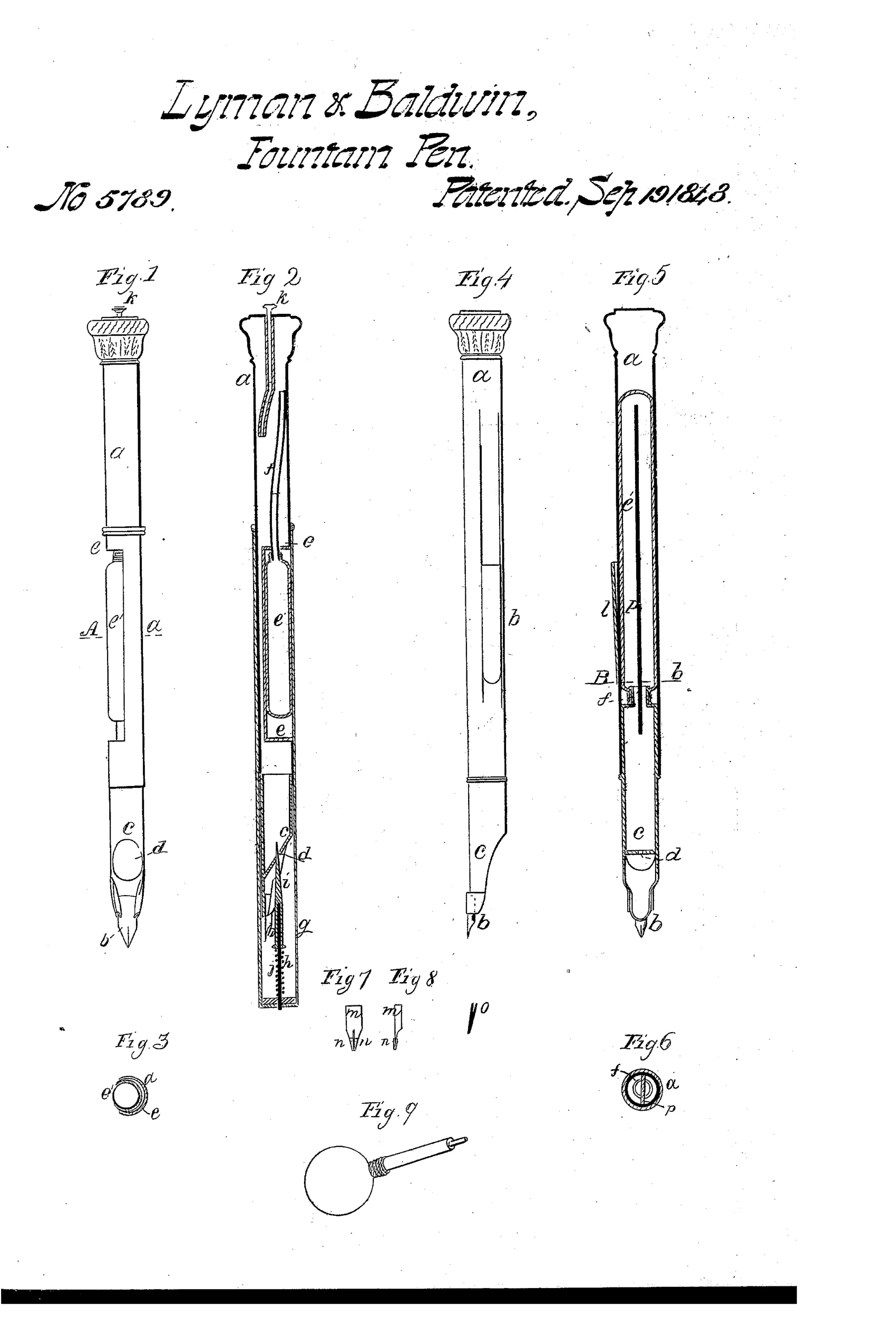 Line drawings of an 1848 fountain-pen holder showing an exterior view with cap and nib, an internal longitudinal cross-section revealing the india-rubber ink bag and cap-tube spring plug, a small cross-section of the bag recess, alternate cylindrical holder designs, close-up front and edge views of the quill nib with metal tip, and a separate india-rubber bulb ink pump.