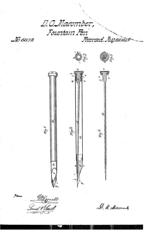 Patent drawing of a 19th-century fountain pen showing a full perspective view with nib and cap (Fig. 1), a longitudinal cross-section revealing an internal conical valve and wire (Fig. 2), and small end-on views of the threaded cap and feed mechanism (Figs. 3-5).