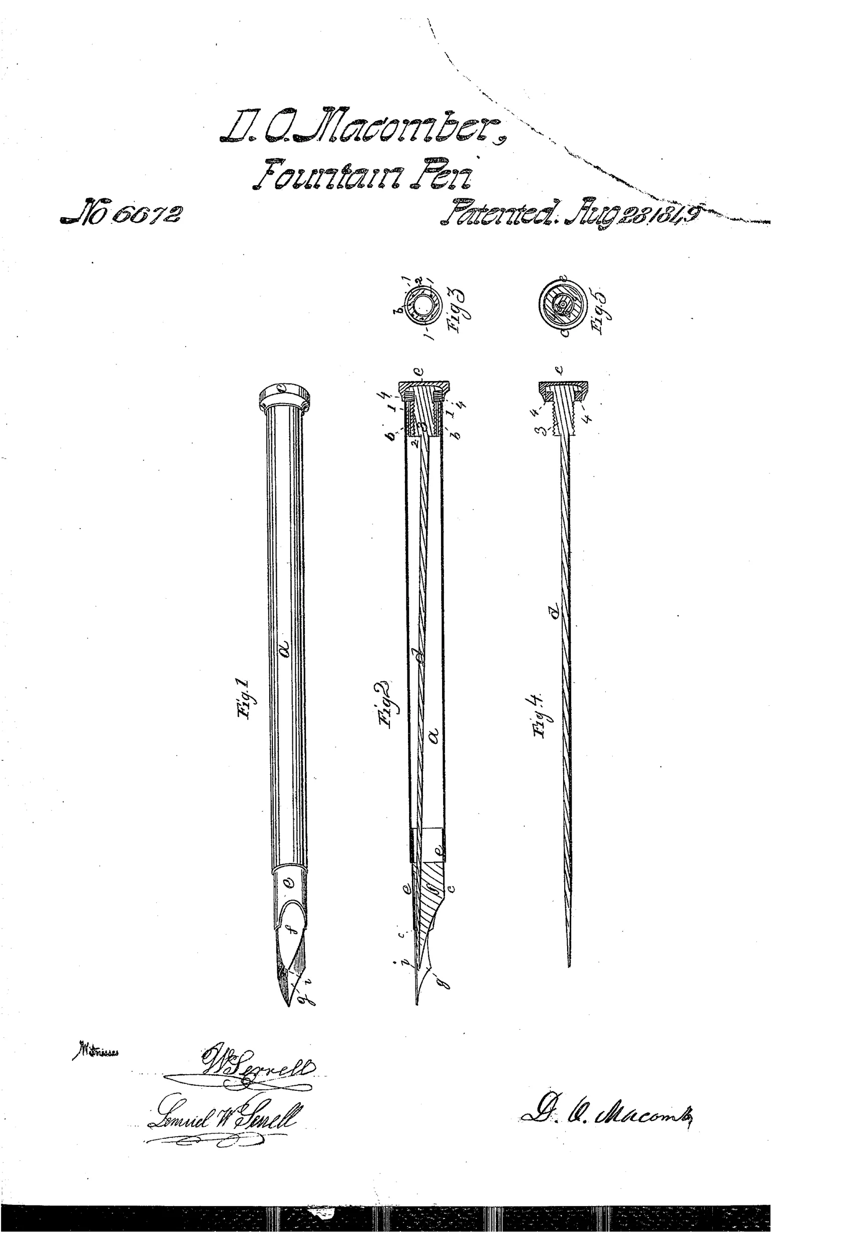Patent drawing of a 19th-century fountain pen showing a full perspective view with nib and cap (Fig. 1), a longitudinal cross-section revealing an internal conical valve and wire (Fig. 2), and small end-on views of the threaded cap and feed mechanism (Figs. 3-5).