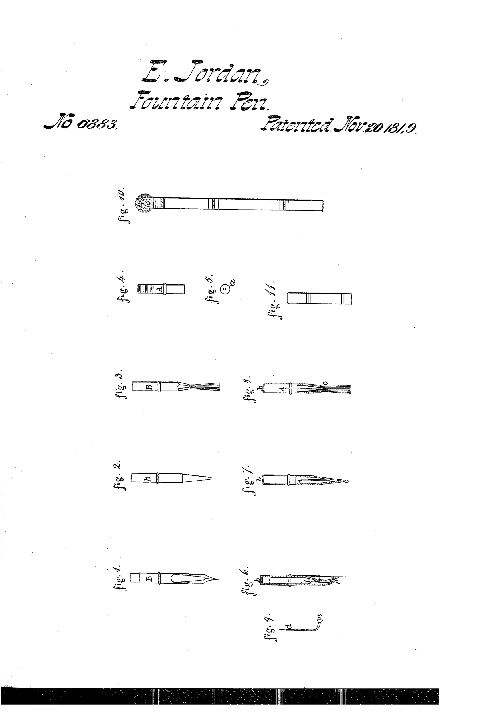Patent drawing showing eleven figures of an early two-part ink fountain device, including a steel pen tip, a tracing pen, a hair-pencil brush, sectional views revealing an internal guiding pin, and long and short tubular handles.