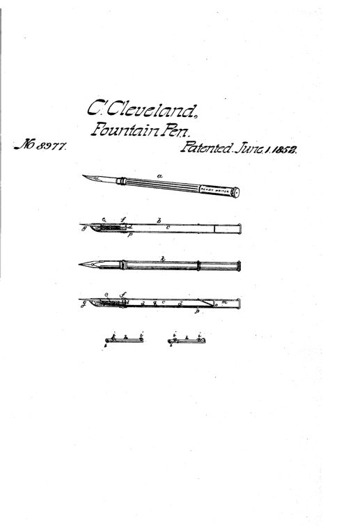 Patent drawing showing a fountain pen labeled 'READY WRITER' in full assembled view, plus cross-sections and detail views of the internal rod, conical valves, spring, and slide mechanism inside the hollow pen holder.