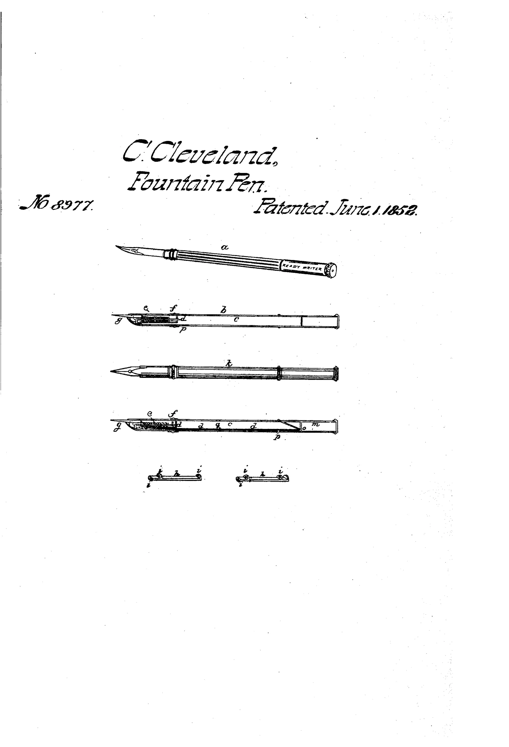 Patent drawing showing a fountain pen labeled 'READY WRITER' in full assembled view, plus cross-sections and detail views of the internal rod, conical valves, spring, and slide mechanism inside the hollow pen holder.