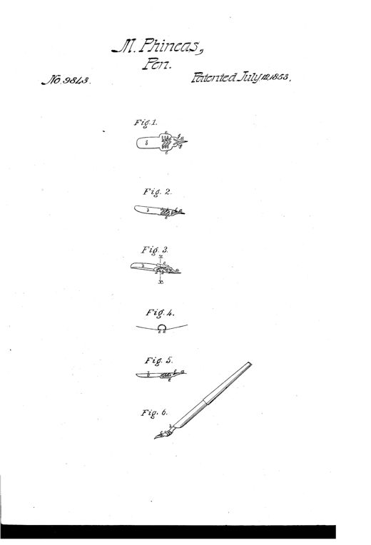 Six technical line drawings show a metal dip pen nib in flat blank form and bent form, with labeled parts including ribs, slots, side spring plates, nib, and shank, plus a final drawing of a full pen holder with the nib flexing under writing pressure.