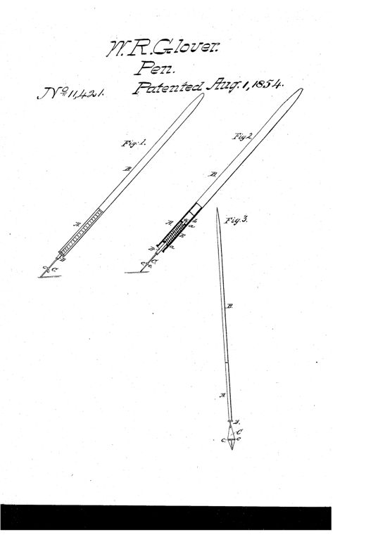 Three technical line drawings of an elongated pointed metallic pen shaft attached to a holder, with one view sliced open to reveal an internal spiral spring and plates, and small projecting lips labeled c near the tip.