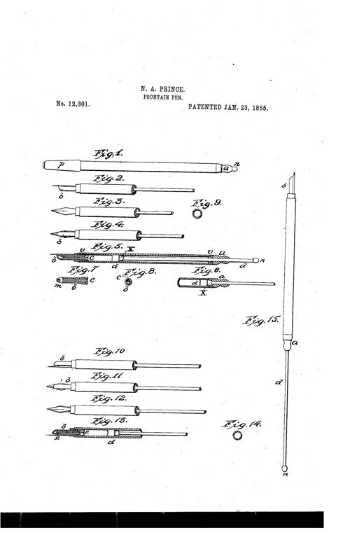 A patent drawing sheet showing multiple views of an early hard-rubber fountain pen, including its cap, nib, feeding-tube with internal spring, and a full-length assembled pen labeled Fig. 15 with reservoir tube, piston rod, and pointed nib.
