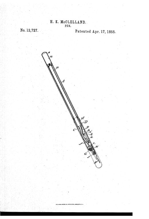 A patent drawing of an early fountain pen shown in longitudinal cross-section, illustrating a cylindrical handle with a removable cap, an internal ink bag connected to a tapering tube with a spring-loaded valve and pressable key, and a lower holder containing a sponge that feeds ink to the pointed nib, with a protective outer case sheathing the assembly.