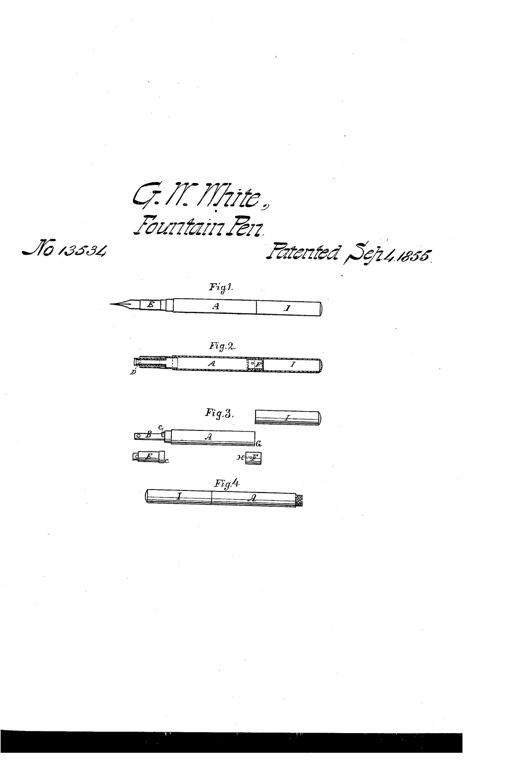 Patent drawing showing four views of a 19th-century fountain pen holder: an assembled pen with nib and barrel labeled A, E, and I; a sectional cutaway showing internal tubes D, F, and G; an exploded view of separated parts B, C, E, F, G, H; and the pen with its protective cover I in place.