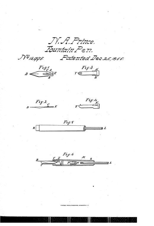 A technical patent drawing showing a fountain pen nib with a notched heel (labeled A, B, C, D, E), a matching notched feeding-tube (A', B', T), a cylindrical main reservoir-tube (R to L), and a cross-section of the assembled pen with piston-rod and piston-head (P, M, N) inside the barrel.