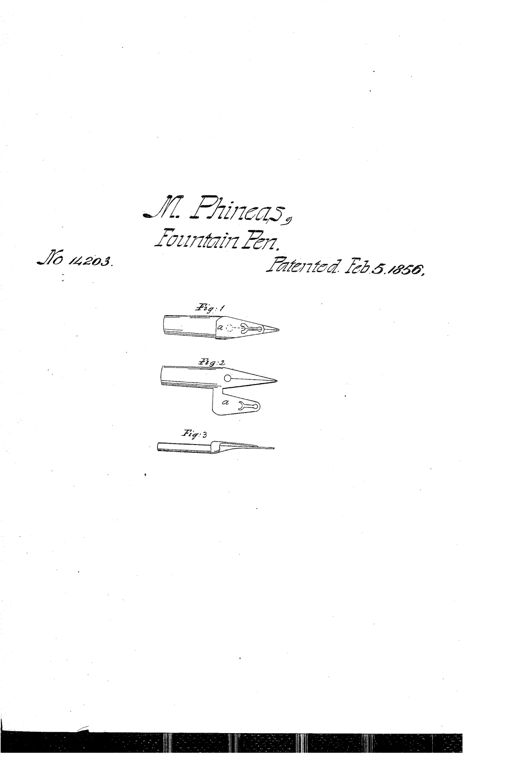 Three line drawings of a metal dip pen: a top view showing a bent-over spring tab forming an ink reservoir near the split nib, an unfolded version of the same pen blank with the tab still projecting outward, and a side profile view of the finished pen showing its slight upward curve.