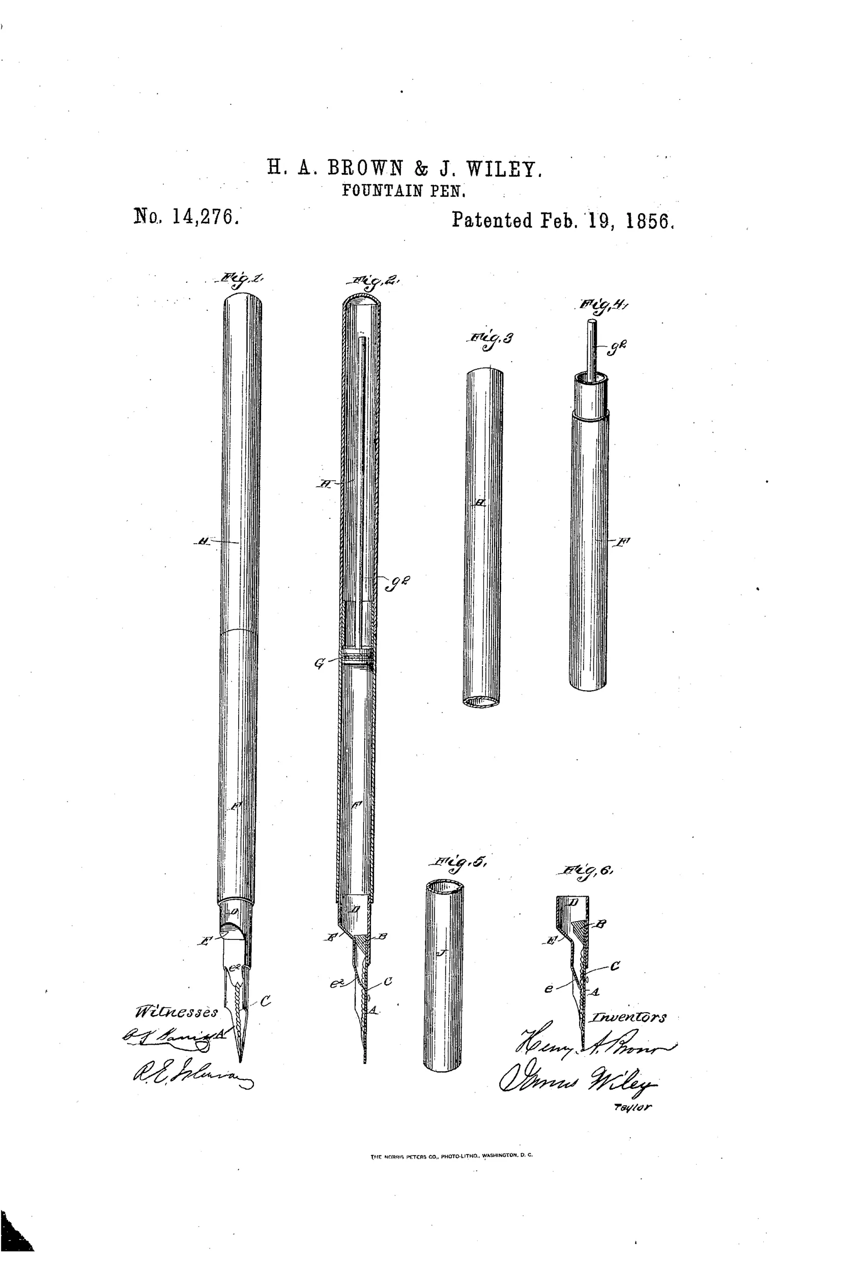 Patent drawing of an 1856 fountain pen showing six figures: an assembled pen and case, a cutaway with internal piston and rod, separate case sections, and detailed close-ups of the nib and slide-valve mechanism at the pen tip.