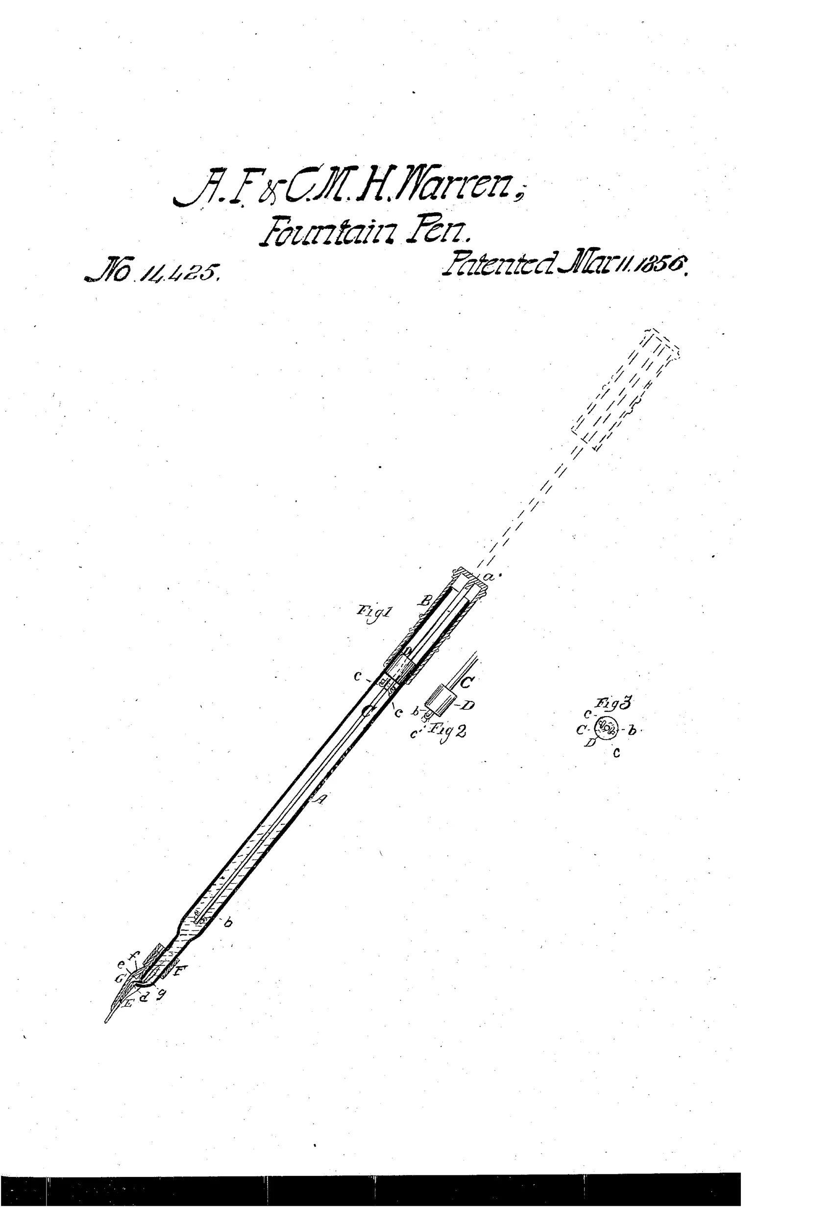 Patent drawing of an early fountain pen showing a long tapered tube with a cap and internal rod at top, an ink reservoir plate and nib at the bottom, with two small detail views of the piston's underside labeled Fig. 2 and Fig. 3.