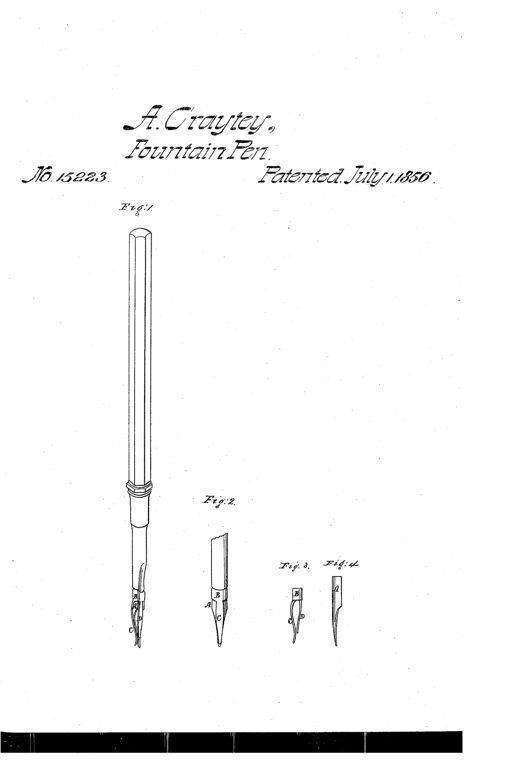 A patent drawing showing a long slender pen holder tapering to a split metal nib, with three smaller detail views illustrating a slide-on collar with two curved metal tongues attached near the pen point.