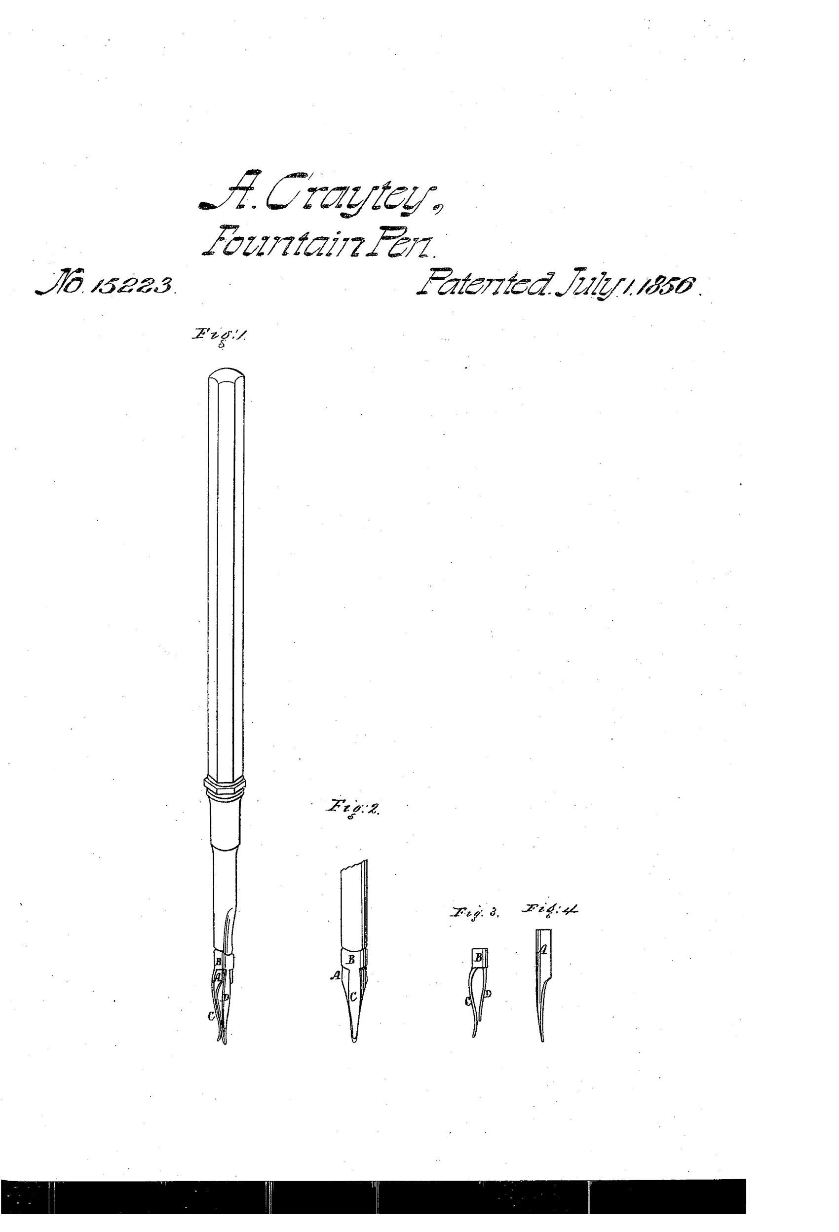 A patent drawing showing a long slender pen holder tapering to a split metal nib, with three smaller detail views illustrating a slide-on collar with two curved metal tongues attached near the pen point.