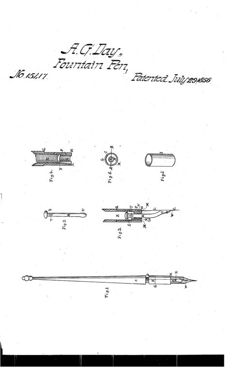 Technical patent drawing showing a slender fountain pen with an internal sliding feed-tube mechanism, valve-seat, and metallic nib, illustrated in six labeled cross-sectional and external views.