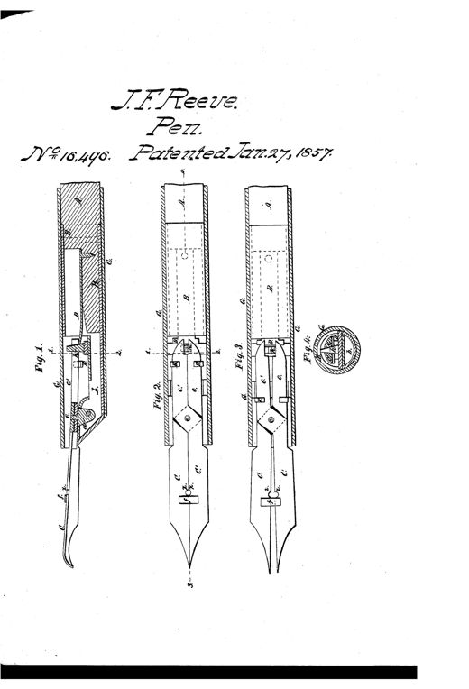 Patent drawing showing four labeled diagrams (Figs. 1-4) of a hinged writing pen with a handle, ferrule, hinged arms, wedge piece, and spring mechanism, culminating in a pointed nib tip.