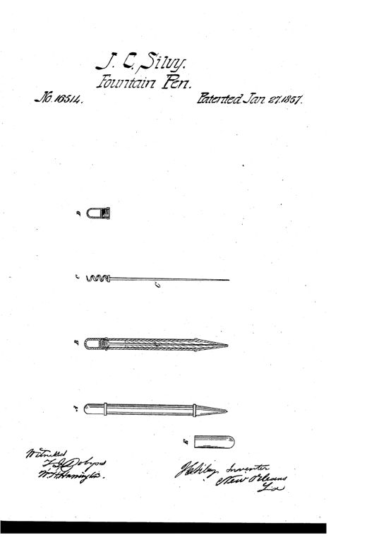 Patent drawing showing five views labeled A through E of an early fountain pen: the assembled pen (A), a sectional view revealing internal parts (B), the central guide rod with a coiled spring (C), a small threaded cap (D), and a protective shield for the pen's point (E).