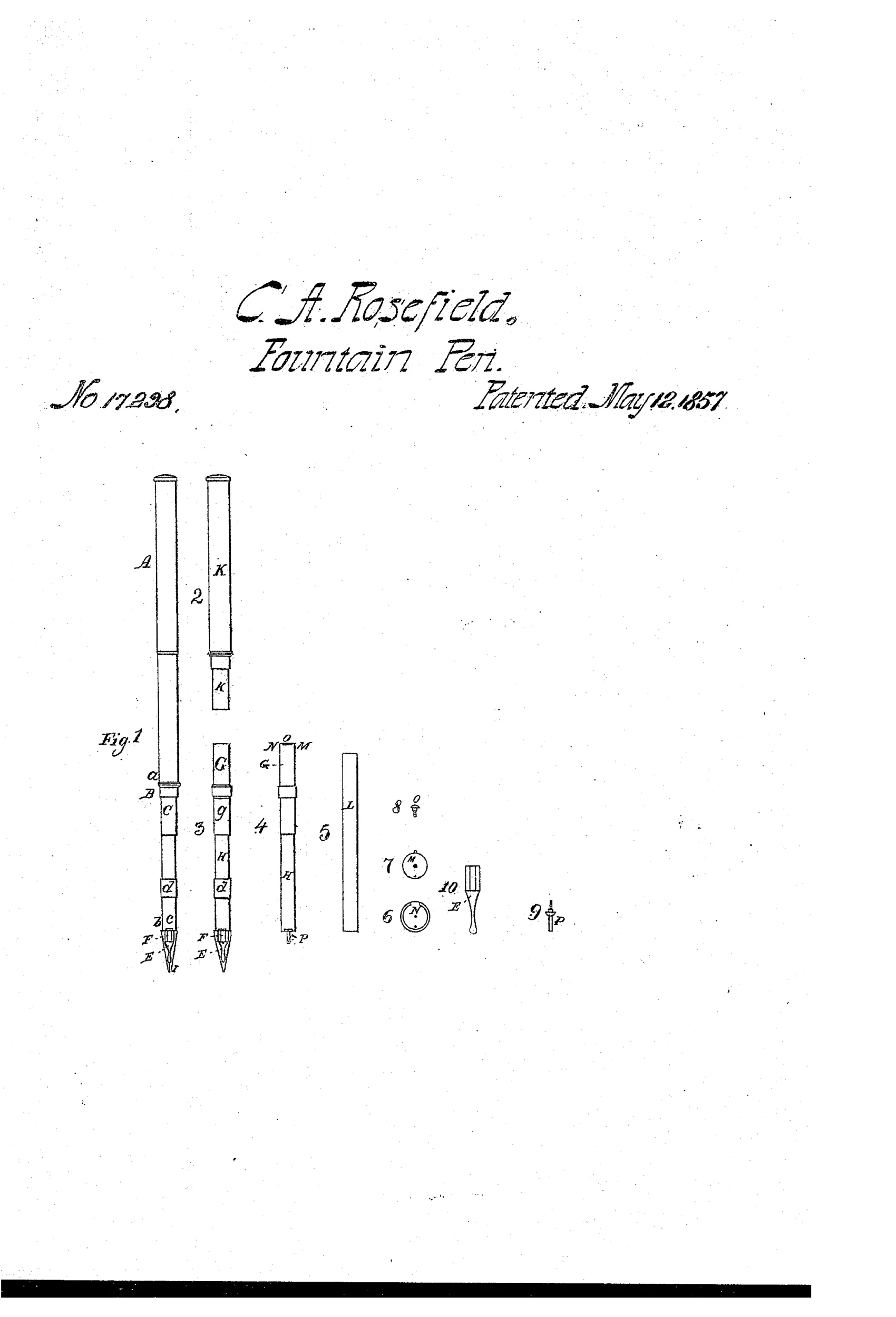 Patent drawing showing a disassembled 19th-century fountain pen with labeled parts including barrel sections, quill conductor, nib, and small hardware components like screws and disks.