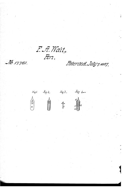 Four small line drawings show a metal pen nib blank with slots cut into its sides, the curved pen body, a separate spring piece with a bow-shaped end, and the fully assembled pen with the spring fitted over the back of the nib.