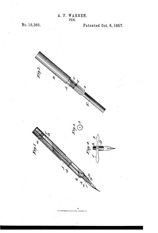 Patent drawing showing a cylindrical fountain pen with an internal rod-and-valve mechanism, a sliding outer sleeve, a screw-in nib holder with two pivoted side plates, and a protective cap tube, along with detail views of the serrated cut-off valve and the nib assembly.