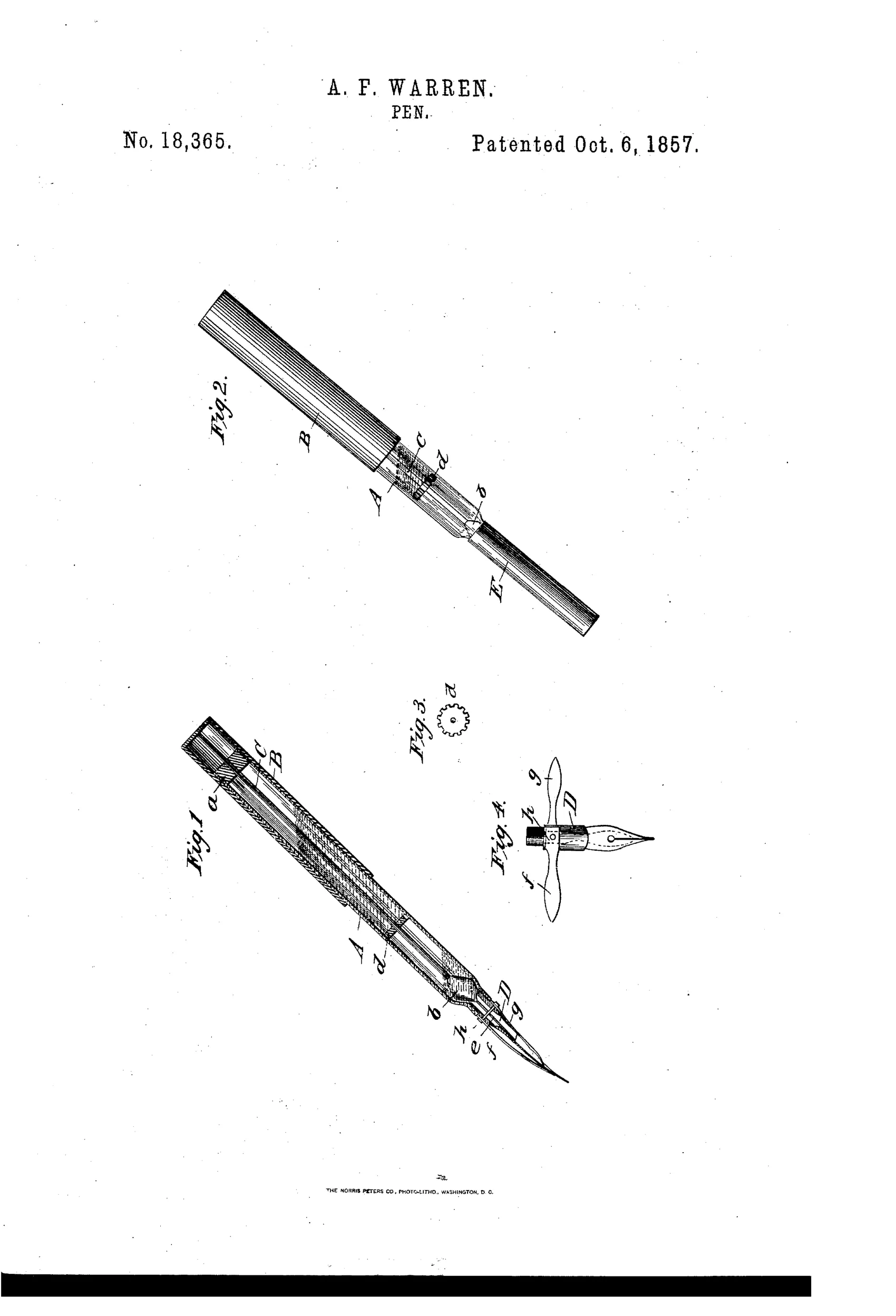 Patent drawing showing a cylindrical fountain pen with an internal rod-and-valve mechanism, a sliding outer sleeve, a screw-in nib holder with two pivoted side plates, and a protective cap tube, along with detail views of the serrated cut-off valve and the nib assembly.
