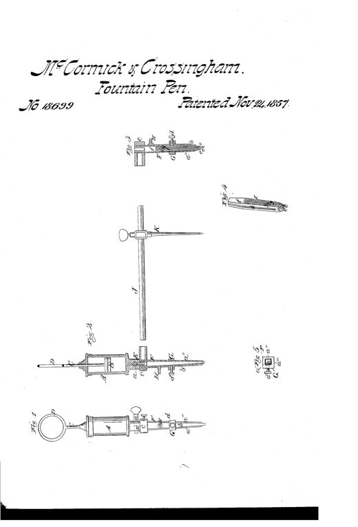 Patent drawing showing a hand-held cylindrical paint reservoir with a plunger rod ending in a finger loop, connected to a tapering quadrilateral pen with an adjustable side and screw collar, plus detail views of the internal slotted feeder plates and a separate beam attachment with a sliding center pin for drawing circular stripes.