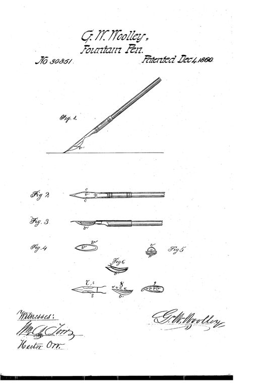 Technical patent drawing of a dip pen with an ink reservoir attachment clasped to its underside, shown in full assembled view (Fig. 1) and in several detail cross-sections of the nib, valves, and clasping sides (Figs. 2-9).