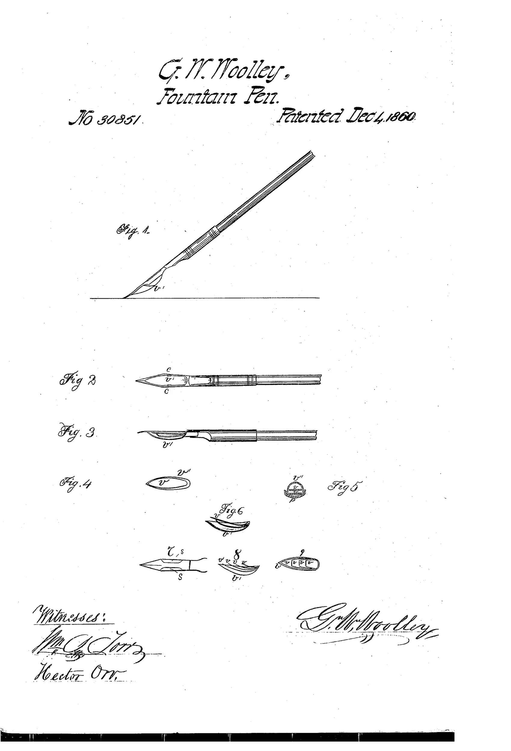 Technical patent drawing of a dip pen with an ink reservoir attachment clasped to its underside, shown in full assembled view (Fig. 1) and in several detail cross-sections of the nib, valves, and clasping sides (Figs. 2-9).