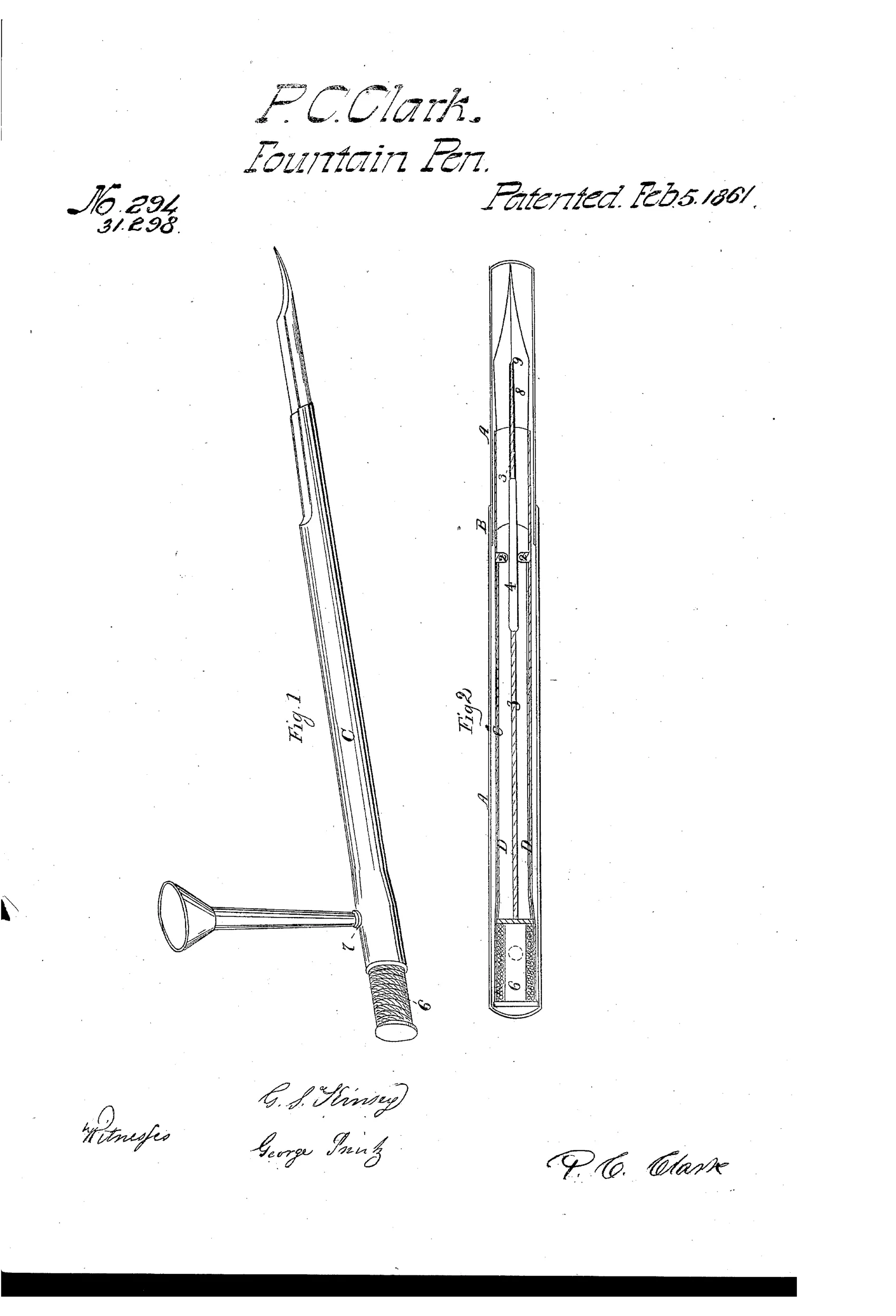 Patent drawing of an 1861 fountain pen showing an external perspective view with a pointed nib and threaded grip attached to a small funnel, alongside a longitudinal cross-section revealing an internal conducting rod, valve, and piston mechanism running the length of the pen holder.