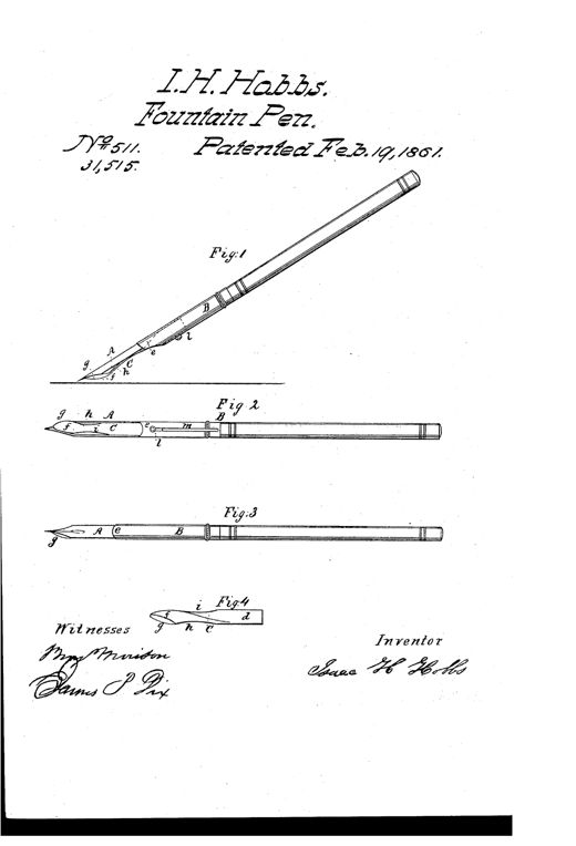 Technical patent drawing of a nineteenth-century fountain pen holder showing a nib labeled A, a tubular holder B, and an adjustable spoon-shaped tongue C with a convex guide g, illustrated from side, top, and bottom views along with a detached close-up of the tongue mechanism.
