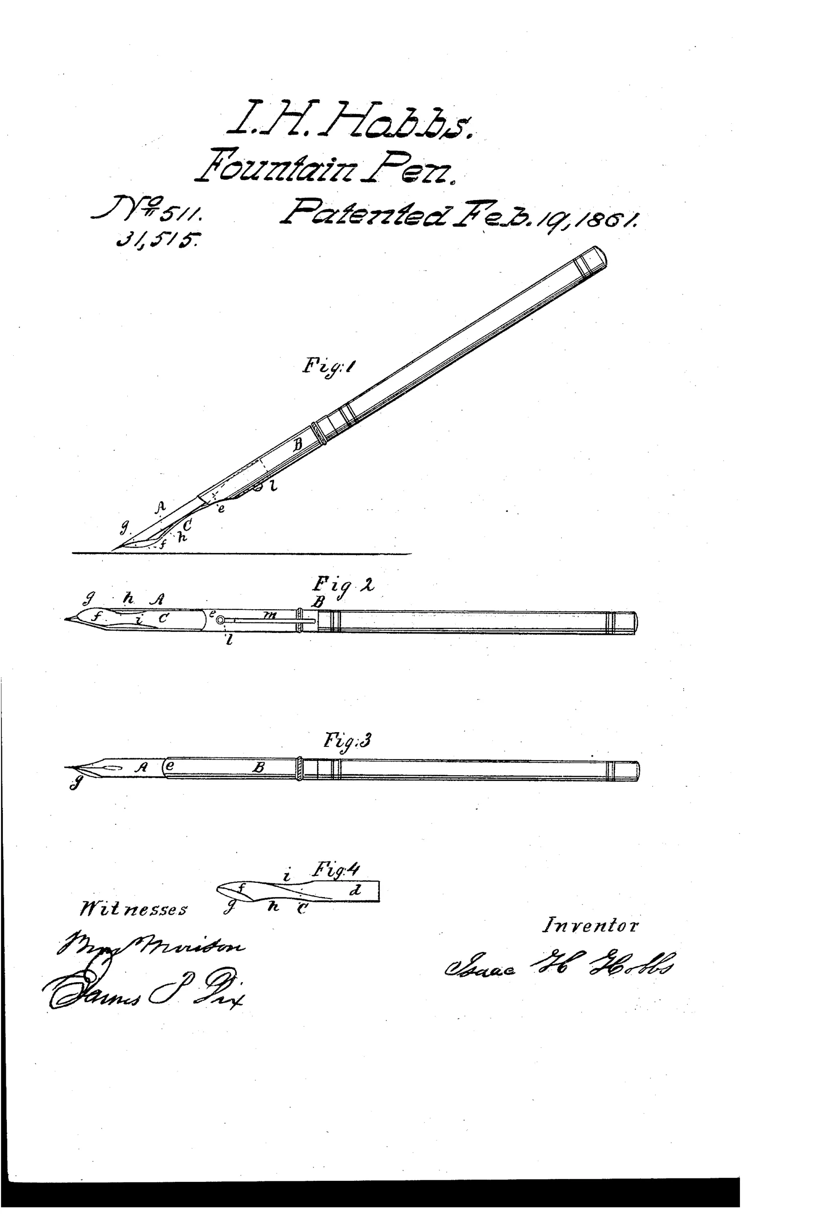 Technical patent drawing of a nineteenth-century fountain pen holder showing a nib labeled A, a tubular holder B, and an adjustable spoon-shaped tongue C with a convex guide g, illustrated from side, top, and bottom views along with a detached close-up of the tongue mechanism.