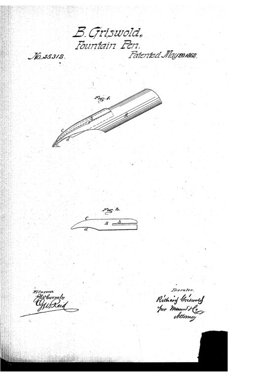 Two hand-drawn diagrams of a curved metallic pen nib: Fig. 1 shows a full perspective view with an inserted plate labeled B projecting from the slit, and Fig. 2 shows a detached side view of the same plate with its slot labeled b.