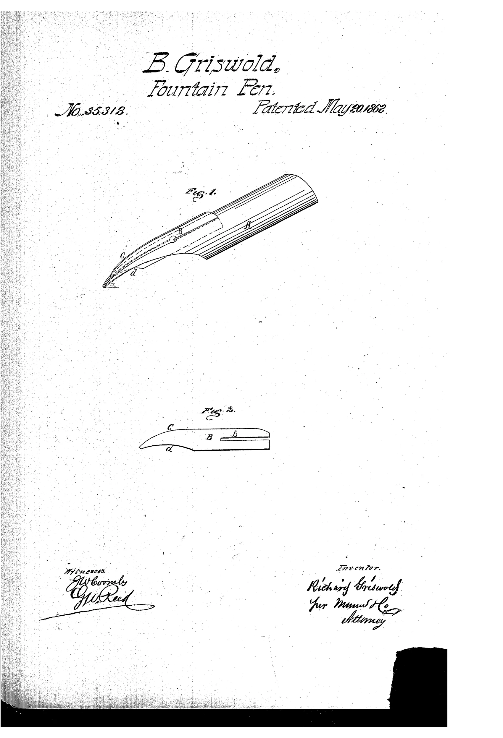 Two hand-drawn diagrams of a curved metallic pen nib: Fig. 1 shows a full perspective view with an inserted plate labeled B projecting from the slit, and Fig. 2 shows a detached side view of the same plate with its slot labeled b.