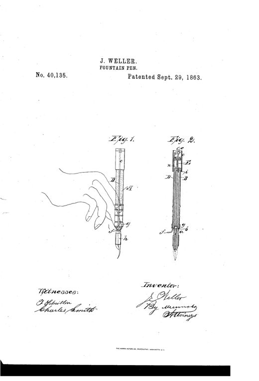 Two patent drawings of a 19th-century fountain pen: Figure 1 shows a hand holding the assembled pen with a tapering nib, and Figure 2 shows a cutaway internal view revealing a central rod, conical stopper, rocking lever, spring, and air-vent plug mechanism inside a tubular case.