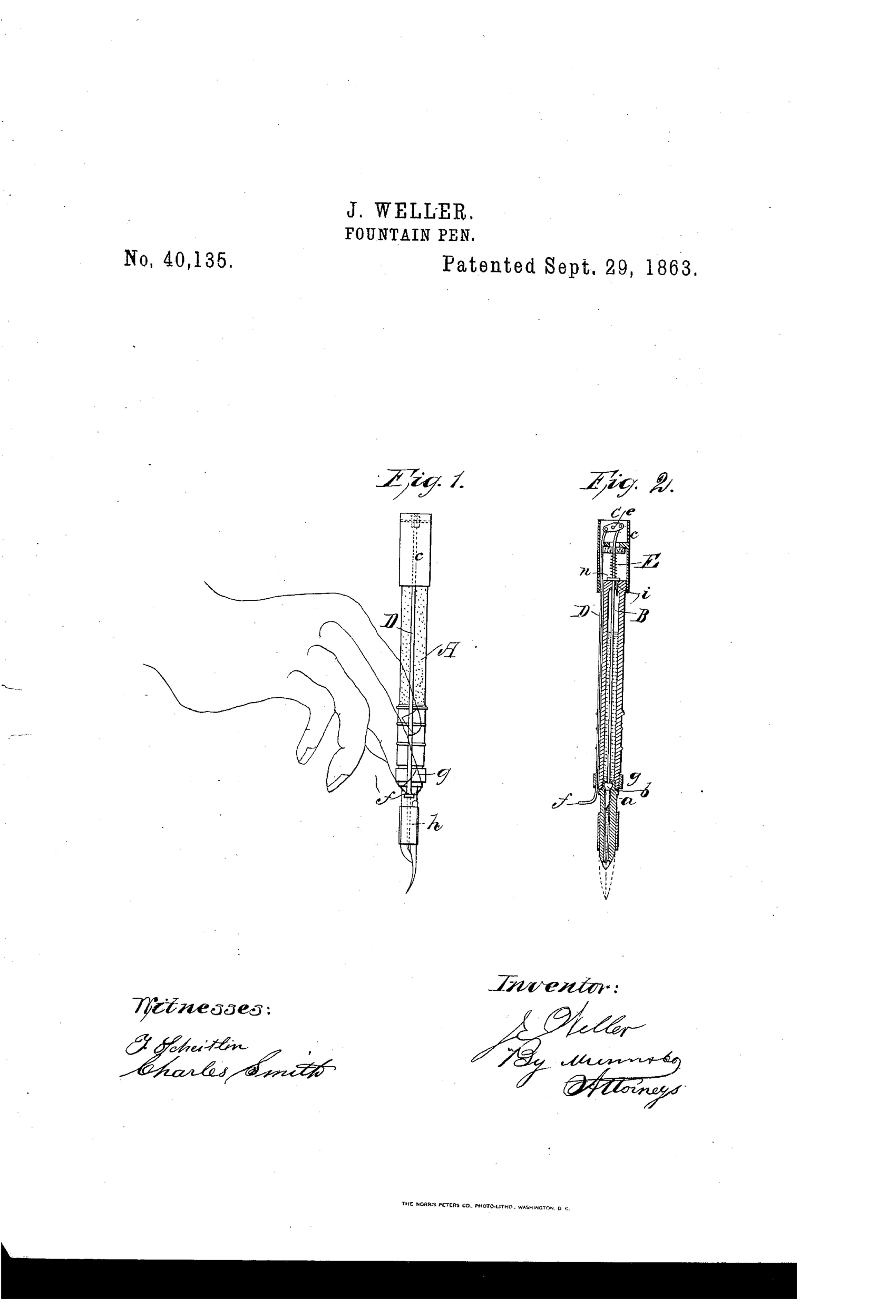Two patent drawings of a 19th-century fountain pen: Figure 1 shows a hand holding the assembled pen with a tapering nib, and Figure 2 shows a cutaway internal view revealing a central rod, conical stopper, rocking lever, spring, and air-vent plug mechanism inside a tubular case.