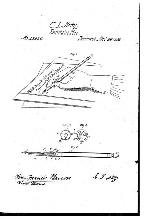 A patent drawing showing a hand holding a fountain pen writing on paper, with detailed cross-section and valve component diagrams labeled with letters A through h.
