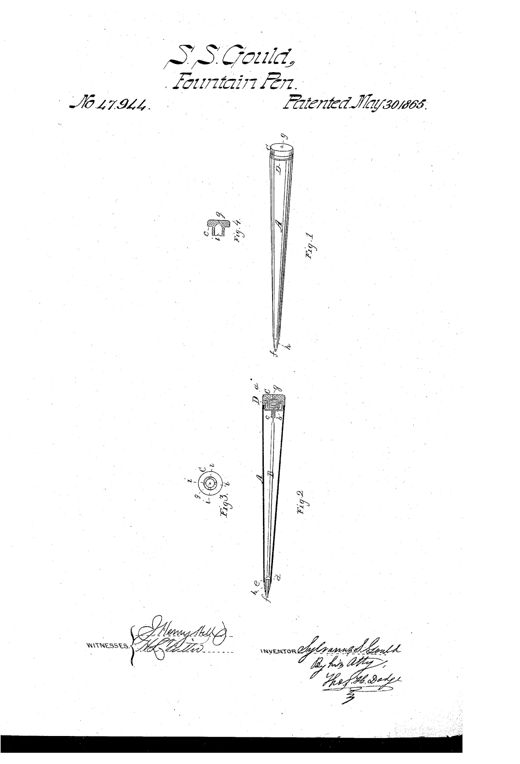 Patent drawing of a slender tapered tool resembling a fountain pen, with a threaded cap and small air hole at the top, an internal rod running to a pointed tip, and accompanying cross-section and end-view diagrams labeled with letters A through i.