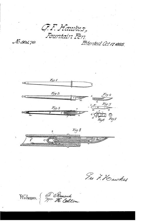 Patent drawing of an 1865 fountain pen showing the assembled instrument, an internal cross-section revealing a sliding tubular feeder and thimble-like stopper, and detail views of the spoon-shaped feeder tip that contacts the underside of the nib.