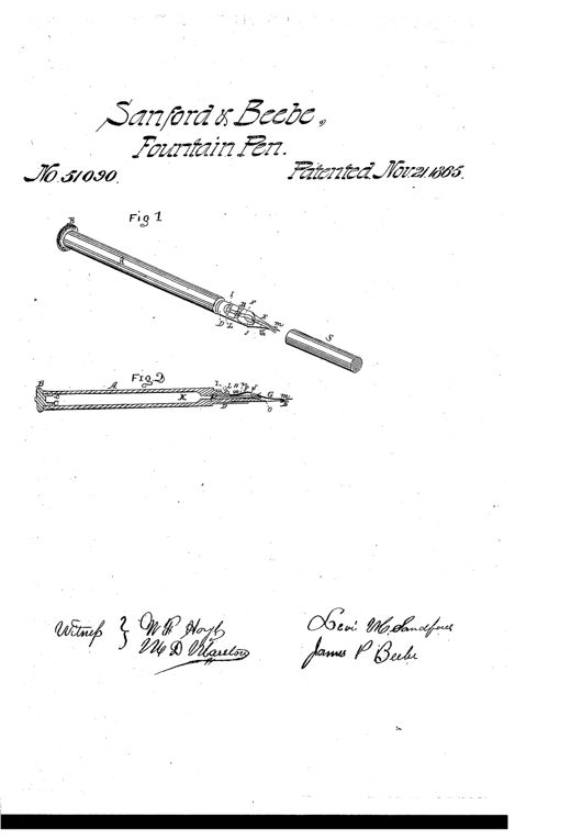 Patent drawing of an 1865 fountain pen showing an exterior perspective view (Fig. 1) with a threaded cap, tapered barrel, and nib assembly, and a sectional side view (Fig. 2) revealing the internal ink fountain, pipe, lever, and spring mechanism labeled with letters A through S.