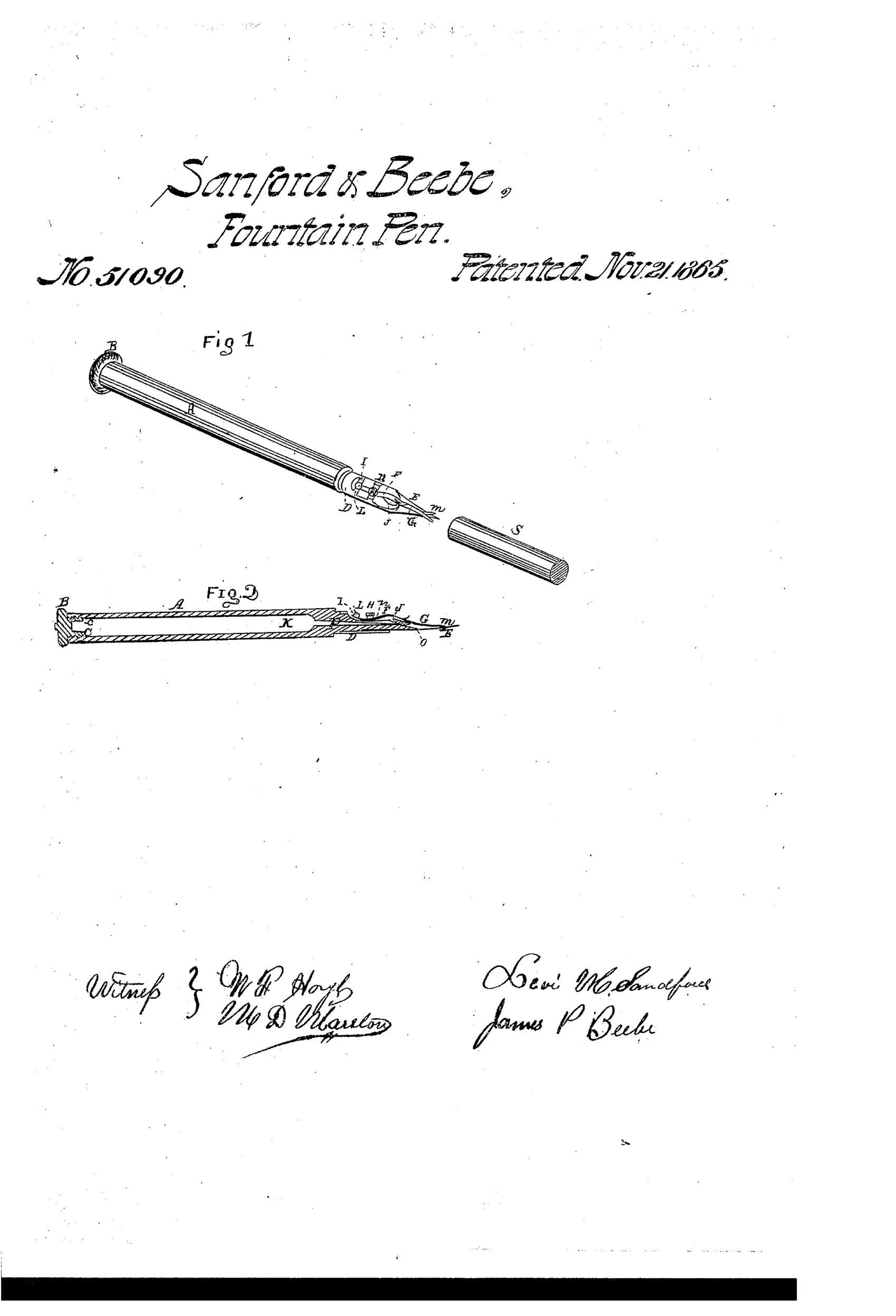 Patent drawing of an 1865 fountain pen showing an exterior perspective view (Fig. 1) with a threaded cap, tapered barrel, and nib assembly, and a sectional side view (Fig. 2) revealing the internal ink fountain, pipe, lever, and spring mechanism labeled with letters A through S.