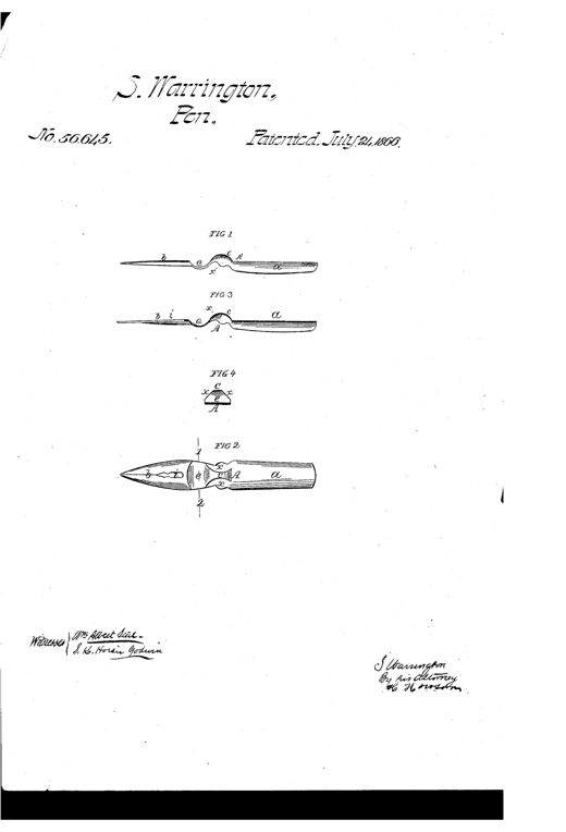 Line drawing of a dip pen nib showing an S-shaped curve between shank and point, with labeled flanges and cross-sections illustrating its construction.