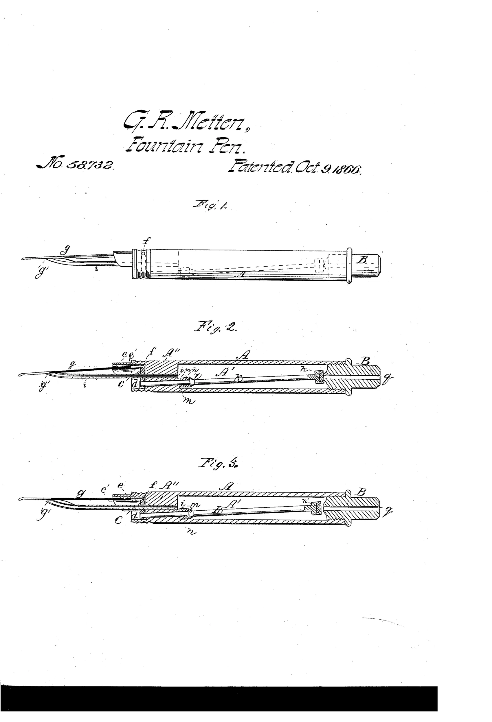 Patent drawing of a 19th-century fountain pen showing an elevation view and two cross-sections revealing an internal ink reservoir, hinged nib disk, rod, and air-cushion valve mechanism.