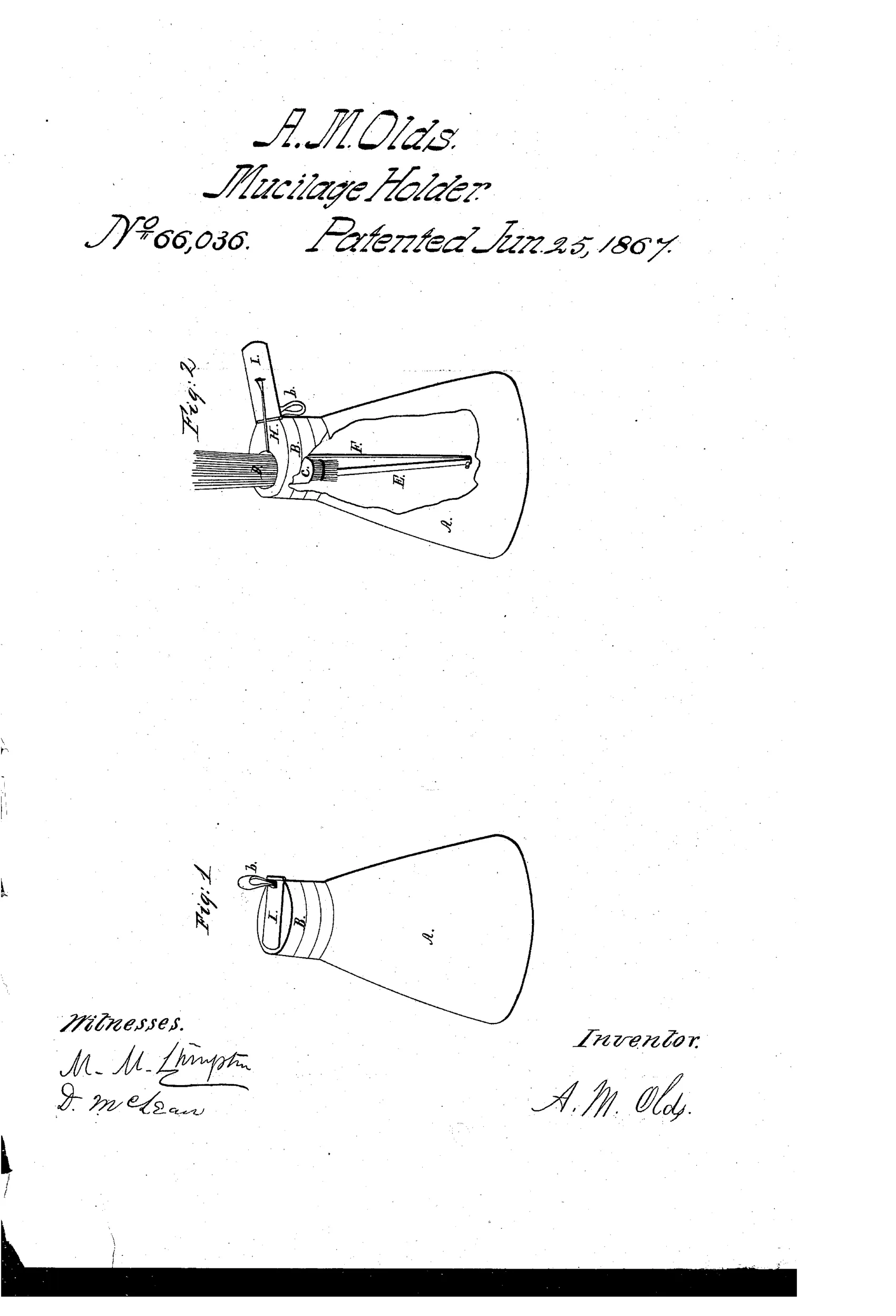 Two patent drawings of a conical mucilage bottle fitted with a metal cap and tube through which a small brush can be extended or retracted via a spring and hinged lever cap.